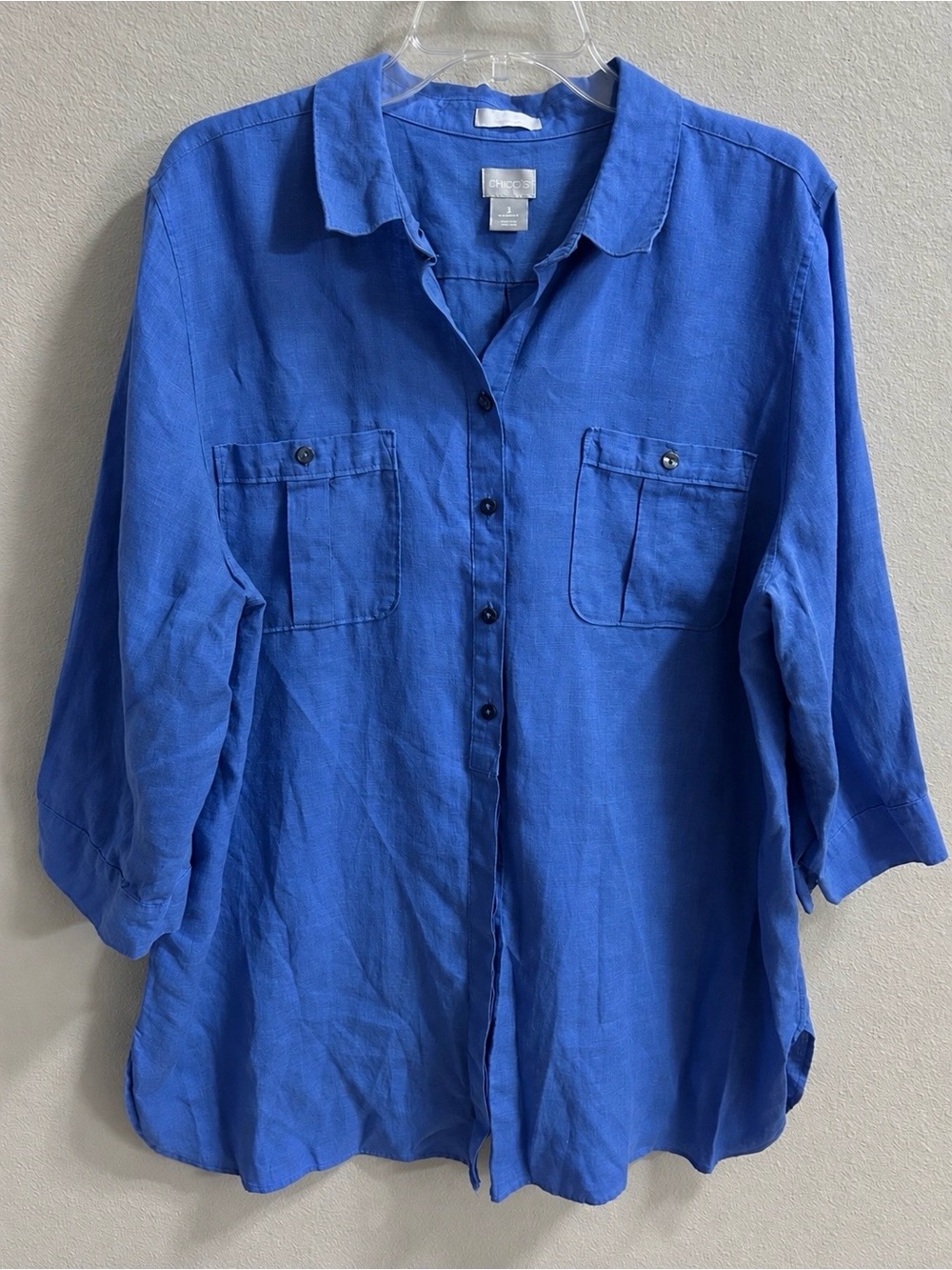 Chicos No Iron Top Size 3 (XL) Blue 100% Linen Button Up Blouse Beachy Coastal